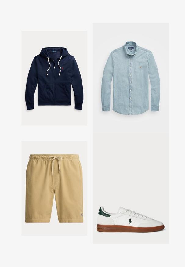Marineblaue Kapuzenjacke mit Reißverschluss, weißen Kordeln, Fronttaschen und kleinem roten Polo Ralph Lauren-Logo auf der linken Brust.; Hellblaues Denim-Hemd mit Button-Down-Kragen, langen Ärmeln und klassischer Passform. Verfügt über ein kleines gesticktes Emblem auf der linken Brust.; Beige Cord-Shorts aus Cord mit elastischem Bund und Kordelzug, mit einem kleinen, dunkel gestickten Logo nahe dem Saum am linken Bein.; Weiße Leder-Sneaker mit grünem Fersenakzent, strukturiertem Wildleder-Paneel, Gummisohle und besticktem Logo an der Seite. Verfügt über ein Schnürdesign.