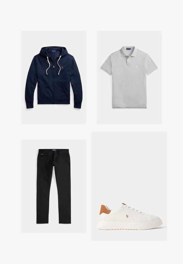 Tmavomodrá mikina s kapucňou na zips s bielymi šnúrkami, prednými vreckami a malým červeným logom Polo Ralph Lauren na ľavej strane hrudníka.; Svetlosivé polo tričko s krátkymi rukávmi, dvojtlačidlovým zapínaním a malým bielym vyšívaným logom na ľavej strane hrudníka.; Čierne úzke džíny z denimu s piatimi vreckami, pútkami na opasok a modrou značkovou štítkom na páse. Hladká, odolná látka.; Biely nízky teniska s béžovou pätovou záložkou, bielymi šnúrkami a malým vyšívaným logom hráča póla na boku nad tlustou podrážkou.