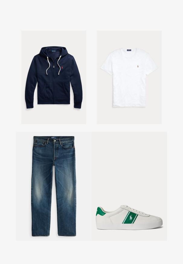 Marineblaue Kapuzenjacke mit Reißverschluss, weißen Kordeln, Fronttaschen und kleinem roten Polo Ralph Lauren-Logo auf der linken Brust.; Weißes T-Shirt mit Rundhalsausschnitt und kurzen Ärmeln, mit kleinem gesticktem Polo Ralph Lauren Logo auf der linken Brust und blauem Markenetikett innen am Kragen.; Indigoblaue Denim-Jeans mit geradem Bein, Fünf-Taschen-Design und subtilen Verblassungen an den Oberschenkeln. Metallknopf- und Reißverschlussverschluss.; Weißer Sneaker in Low-Top-Form mit grünem Streifen und Polo-Logo an der Seite, grünem Fersenlaschen und weißen Schnürsenkeln, von der linken Seite vor neutralem Hintergrund dargestellt.