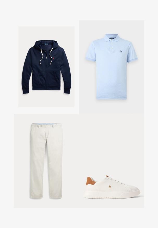 Sudadera con capucha azul marino con cremallera, cordones blancos, bolsillos delanteros y pequeño logo rojo de Polo Ralph Lauren en el pecho izquierdo.; Polo de manga corta azul claro con un sutil patrón texturizado, cuello con botones y logo bordado en azul oscuro en el pecho.; Pantalones de hombre de pierna recta en beige claro con trabillas para cinturón y bolsillos laterales, mostrados en plano sobre fondo blanco.; Zapatilla blanca de caña baja con lengüeta trasera en color marrón claro, cordones blancos y un pequeño logo bordado de jugador de polo en el lateral sobre una suela gruesa.