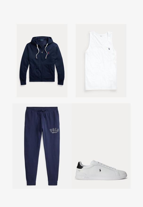 Marineblaue Kapuzenjacke mit Reißverschluss, weißen Kordeln, Fronttaschen und kleinem roten Polo Ralph Lauren-Logo auf der linken Brust.; Weißes ärmelloses Tanktop mit rundem Ausschnitt und kleinem dunkelblauem Polo Ralph Lauren Pferdelogo auf der linken Brust.; Marineblaue Baumwoll-Jogginghosen mit elastischem Bund und verstellbarem Kordelzug. Mit weiß gesticktem "POLO"-Logo auf dem linken Oberschenkel.; Weißer Sneaker mit niedrigem Schaft, schwarzem Fersenlasche, Schnürsenkeln und Polo Ralph Lauren Logo an der Seite, mit geprägten Sohlen-Details.