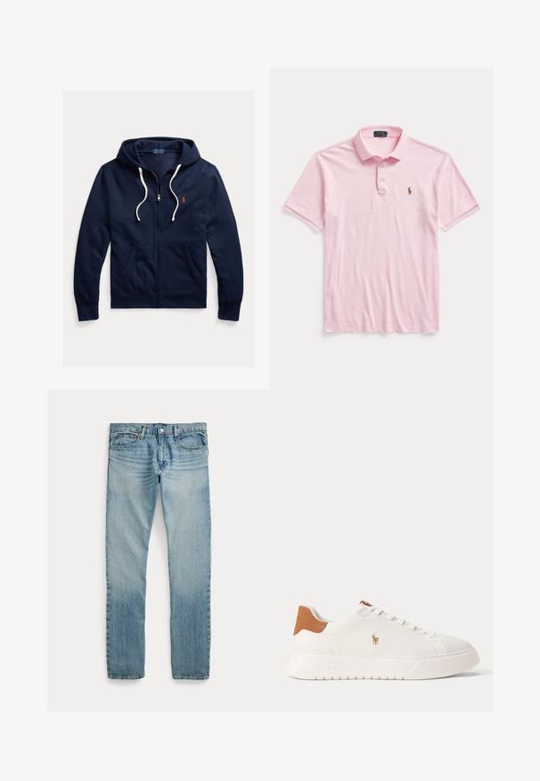 Marineblaue Kapuzenjacke mit Reißverschluss, weißen Kordeln, Fronttaschen und kleinem roten Polo Ralph Lauren-Logo auf der linken Brust.; Hellrosa kurzärmliges Poloshirt mit zwei Knöpfen und einem kleinen bestickten Pferd-und-Reiter-Logo auf der linken Brust.; Hellblaue Jeans mit geradem Bein, fünf Taschen, Knopfverschluss und dezenten verwaschenen Details an Oberschenkeln und Knien.; Weißer Sneaker mit niedrigem Schaft, beige Fersenlasche, weißen Schnürsenkeln und kleinem, besticktem Polospieler-Logo an der Seite über einer dicken Sohle.