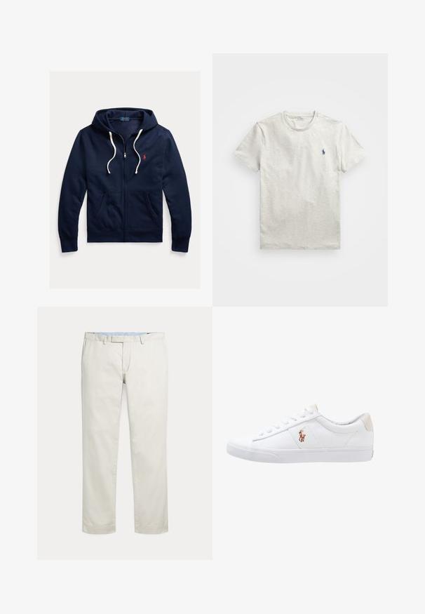 Marineblå lynlåshoodie med hvide snore, forlommer og lille rød Polo Ralph Lauren-logo på venstre bryst.; Lysegrå T-shirt med korte ærmer og rund hals med lille mørkeblå Polo Ralph Lauren-hestelogo på venstre bryst.; Kremfarvede bukser med lige ben, bæltestropper og skjult inderstik foran på en ensfarvet baggrund.; Hvide kanvas sneakers med lågtop design, prydet med en beige hælkappe og et lille broderet logo på siden. Gummisål.