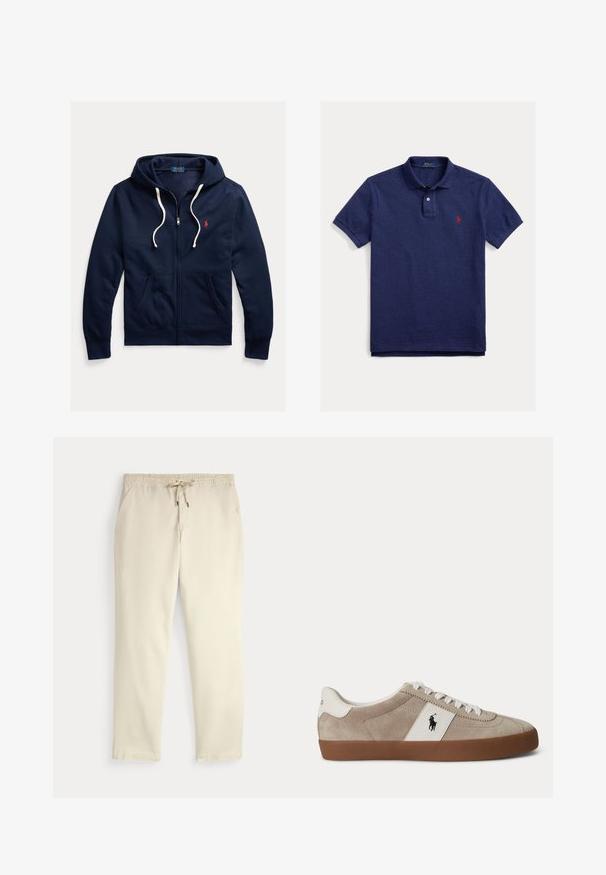 Marineblauwe hoodie met rits, witte trekkoorden, voorzakken en klein rood Polo Ralph Lauren-logo op de linkerborst.; Marineblauw Ralph Lauren poloshirt met korte mouwen, twee-knops stolp en rood geborduurd paardenlogo op de linkerborst.; Off-white casual broek met elastische tailleband en trekkoord, rechte pijpen en zijzakken op een effen achtergrond.; Beige suède lage sneaker met witte veters, wit lederen accent met zwart paardenlogo en een bruine rubberen zool.