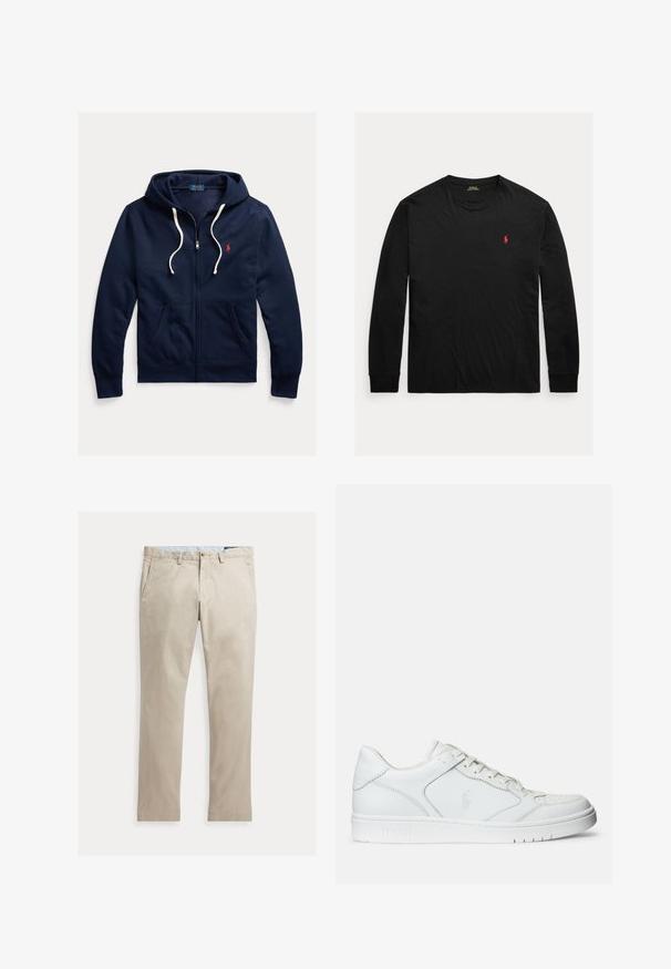 Marineblaue Kapuzenjacke mit Reißverschluss, weißen Kordeln, Fronttaschen und kleinem roten Polo Ralph Lauren-Logo auf der linken Brust.; Schwarzes Langarmshirt mit Rundhalsausschnitt und rotem Polo Ralph Lauren-Logo, das auf der linken Brust aufgestickt ist.; Beige Baumwollhose mit geradem Bein, Fronttaschen, Gürtelschlaufen, Knopfverschluss und Reißverschluss, flach auf weißem Hintergrund dargestellt.; Weißer Ledersneaker mit glatter Textur, ausgestattet mit einer perforierten Zehenpartie, Schnürverschluss und gesticktem Logo an der Seite. Weiße Gummisohle.