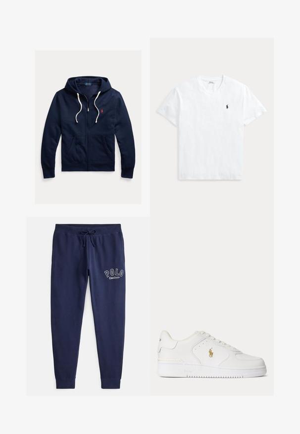 Sudadera con capucha azul marino con cremallera, cordones blancos, bolsillos delanteros y pequeño logo rojo de Polo Ralph Lauren en el pecho izquierdo.; Camiseta blanca de manga corta con escote en V y pequeño logo de caballo Polo Ralph Lauren en azul marino en el pecho izquierdo.; Pantalones jogger de algodón azul marino con cintura elástica y cordón ajustable. Presentan el logo bordado "POLO" en blanco en el muslo izquierdo.; Zapatilla blanca de piel de corte bajo con cordones blancos y un logo dorado de Polo Ralph Lauren en el lateral y "Polo" grabado en la suela.
