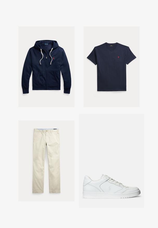 Tmavomodrá mikina s kapucňou na zips s bielymi šnúrkami, prednými vreckami a malým červeným logom Polo Ralph Lauren na ľavej strane hrudníka.; Tmavomodré bavlnené tričko s výstrihom do V, krátkymi rukávmi a malým červeným vyšívaným logom na ľavej strane hrudníka. Hladká textúra, štandardný strih.; Béžové bavlnené nohavice s rovnými nohavicami, opaskové pútká, predné zapínanie na gombík, zips a bočné vrecká.; Biele kožené tenisky s hladkým povrchom, obsahujúce perforovanú špičku, šnúrkové uzatvorenie a vyšívané logo na boku. Biela gumová podrážka.
