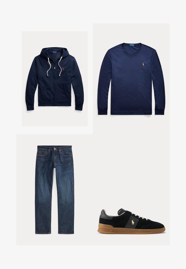 Tmavomodrá mikina s kapucňou na zips s bielymi šnúrkami, prednými vreckami a malým červeným logom Polo Ralph Lauren na ľavej strane hrudníka.; Tmavomodré tričko s dlhým rukávom a okrúhlym výstrihom s malým vyšitým logom Polo Ralph Lauren na ľavej strane hrudníka.; Tmavomodré rifle rovného strihu s prednými vreckami, pútkami na opasok a kovovým gombíkom na jednoduchom pozadí.; Čierna nízka teniska s bielymi šnúrkami, hnedou gumovou podrážkou a zlatým logom Polo na boku a na pätovej záložke.