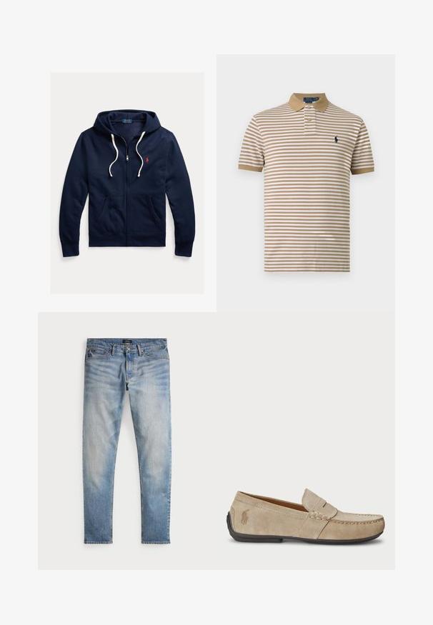 Marineblaue Kapuzenjacke mit Reißverschluss, weißen Kordeln, Fronttaschen und kleinem roten Polo Ralph Lauren-Logo auf der linken Brust.; Beige und weiß horizontal gestreiftes Kurzarm-Poloshirt mit beigem Kragen, zwei Knöpfen und dunkler Logo-Stickerei auf der Brust.; Helle blaue Denim-Jeans mit einem ausgewaschenen Finish, Fünf-Taschen-Design und kontrastierenden Nähten. Mit Reißverschluss und Gürtelschlaufen. Gerade geschnitten.; Beige Wildleder Slipper mit gesticktem Detail, flacher Gummisohle und kleinem Logo an der Seite. Klassisches Slip-On-Design, weicher Textur.