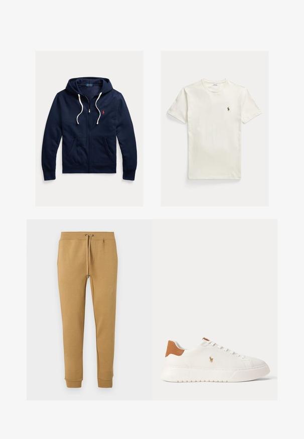 Tmavomodrá mikina s kapucňou na zips s bielymi šnúrkami, prednými vreckami a malým červeným logom Polo Ralph Lauren na ľavej strane hrudníka.; Jednoduché biele tričko s krátkym rukávom a malým vyšívaným logom hráča póla na ľavej strane hrude, rozložené naplocho na svetlom pozadí.; Béžové zúžené teplákové nohavice s elastickým pásom a sťahovacou šnúrkou, s manžetami na členkoch, zobrazené na bielom pozadí.; Biely nízky teniska s béžovou pätovou záložkou, bielymi šnúrkami a malým vyšívaným logom hráča póla na boku nad tlustou podrážkou.