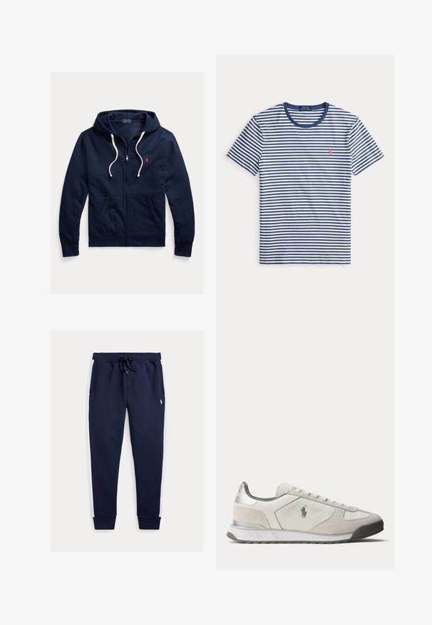 Marineblå lynlåshoodie med hvide snore, forlommer og lille rød Polo Ralph Lauren-logo på venstre bryst.; Blå og hvid stribet kortærmet T-shirt med navy krave og lille rød Polo Ralph Lauren logo på venstre bryst.; Marineblå joggingbukser med hvide sider, elastisk taljebånd med snøre, ribstrikkede manchetter og en lille broderet logo på øverste del af benet.; Lavprofileret hvid og lysegrå sneaker med Polo-logo på siden, snørelukning foran og sølvaccent på hælen.