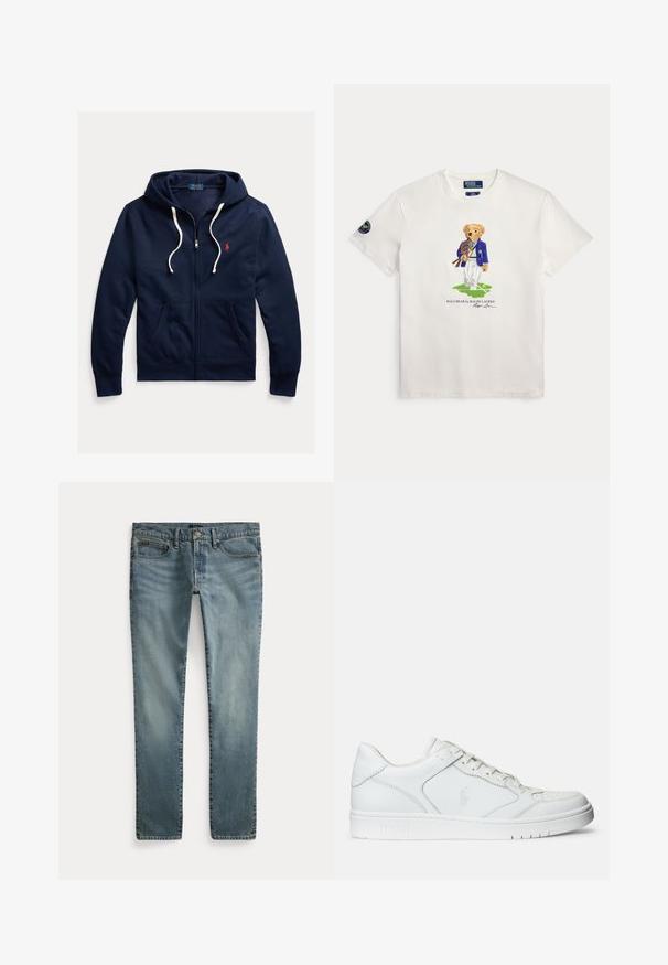 Marineblaue Kapuzenjacke mit Reißverschluss, weißen Kordeln, Fronttaschen und kleinem roten Polo Ralph Lauren-Logo auf der linken Brust.; Weißes T-Shirt mit einem Teddybär in blauem Blazer, der Tennisschläger hält und auf einem grünen Platz steht, mit Text darunter.; Blaue Jeans mit geradem Bein, vorderen Taschen, Gürtelschlaufen und Knopfverschluss.; Weißer Ledersneaker mit glatter Textur, ausgestattet mit einer perforierten Zehenpartie, Schnürverschluss und gesticktem Logo an der Seite. Weiße Gummisohle.