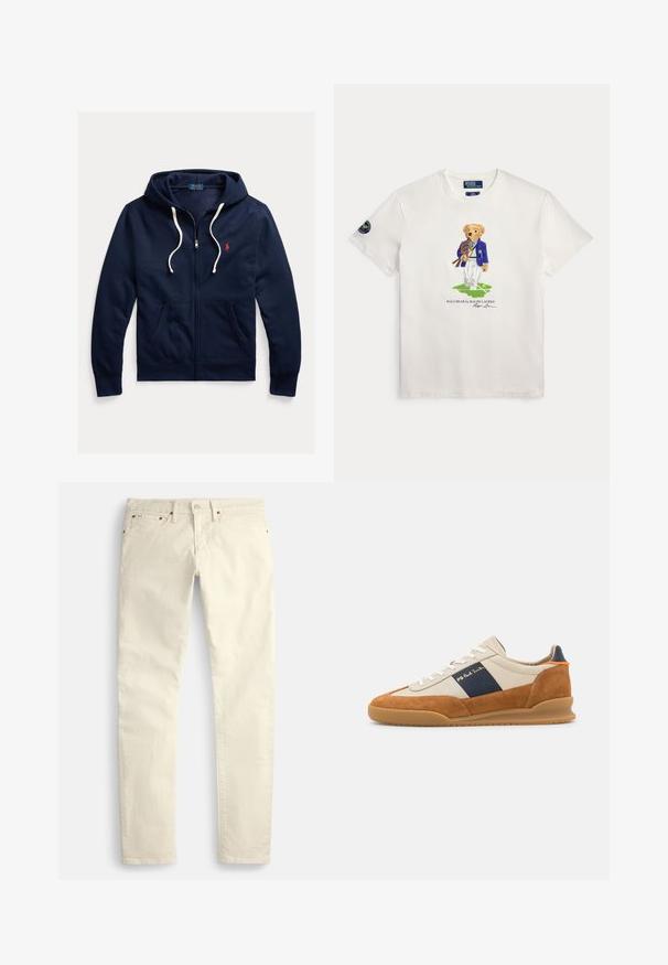 Marineblaue Kapuzenjacke mit Reißverschluss, weißen Kordeln, Fronttaschen und kleinem roten Polo Ralph Lauren-Logo auf der linken Brust.; Weißes T-Shirt mit einem Teddybär in blauem Blazer, der Tennisschläger hält und auf einem grünen Platz steht, mit Text darunter.; Hellbeige Hosen mit geradem Bein aus strukturiertem Stoff. Verfügen über fünf Taschen und braune, metallische Beschläge. Keine sichtbaren Muster oder Akzente.; PS Paul Smith DOVER - Sneaker low - cognac/off-white