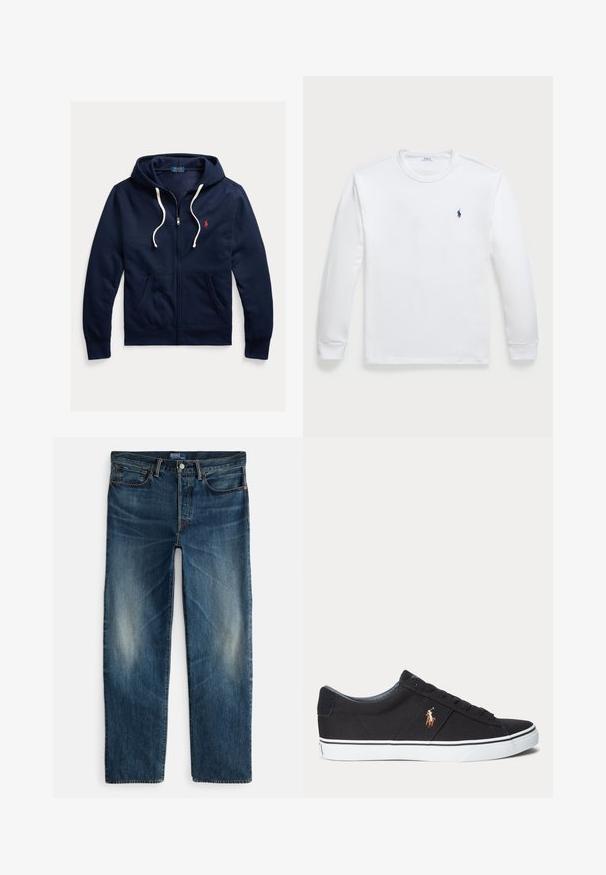 Marineblauwe hoodie met rits, witte trekkoorden, voorzakken en klein rood Polo Ralph Lauren-logo op de linkerborst.; Witte T-shirt met lange mouwen, gemaakt van katoen, met een ronde halslijn en een klein marineblauw logo op de linkerborst. Gladde textuur, eenvoudig ontwerp.; Indigoblauwe denim jeans met een rechte pijp, vijfzakkenmodel en subtiele vervaging op de dijen. Voorzien van een metalen knoop en ritssluiting.; Zwarte lage sneaker met witte zool en gestikt polo-speler logo aan de zijkant, met veterluiting en textuurstof bovenwerk.