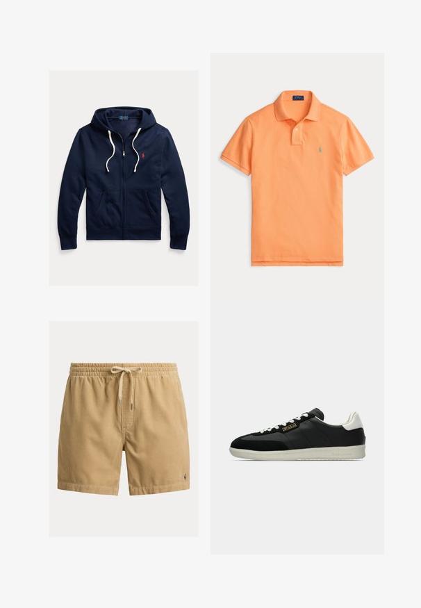 Tmavomodrá mikina s kapucňou na zips s bielymi šnúrkami, prednými vreckami a malým červeným logom Polo Ralph Lauren na ľavej strane hrudníka.; Oranžové polo tričko z bavlny s golierom, dvojitým zapínaním na gombíky a malým zeleným logom na ľavej strane hrude. Krátke rukávy.; Béžové kordové šortky s elastickým pásom, šnúrkou na viazanie, predným šitím a malým vyšívaným logom na ľavom okraji.; Čierna kožená teniska s bielymi detailmi, textúrovanými panelmi a hladkou gumovou podrážkou. Na boku výrazné logo a klasické šnurovanie.