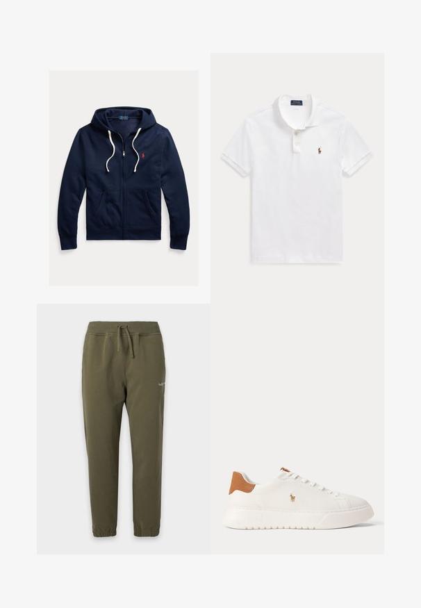 Tmavomodrá mikina s kapucňou na zips s bielymi šnúrkami, prednými vreckami a malým červeným logom Polo Ralph Lauren na ľavej strane hrudníka.; Biele polo tričko s krátkym rukávom, golierom, dvoma gombíkmi a malým vyšívaným logom osoby na koni na hrudi.; Olivovo zelené tepláky s elastickým pásom a manžetami, šnúrkou a malým bielym logom na hornej časti stehna.; Biely nízky teniska s béžovou pätovou záložkou, bielymi šnúrkami a malým vyšívaným logom hráča póla na boku nad tlustou podrážkou.