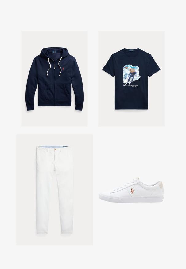 Tmavomodrá mikina s kapucňou na zips s bielymi šnúrkami, prednými vreckami a malým červeným logom Polo Ralph Lauren na ľavej strane hrudníka.; Tmavomodré bavlnené tričko s grafikou medveďa na lyžiach, ktorý má na očiach okuliare, s vrtuľníkom nad ním a zasneženými horami v pozadí.; Biele bavlnené chino nohavice s úzkym strihom, so zlatým jedným gombíkom na zapínanie a svetlomodrým vnútorným pásom. Hladká textúra bez vzorov.; Biele plátenné tenisky s nízkym strihom, ktoré majú béžový opasok na päte a malé vyšívané logo na boku. Gumová podrážka.
