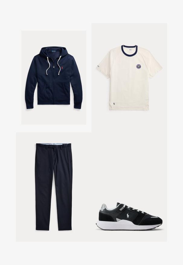 Marineblauwe hoodie met rits, witte trekkoorden, voorzakken en klein rood Polo Ralph Lauren-logo op de linkerborst.; Wit tennis T-shirt met korte mouwen en een marineblauwe kraag, Wimbledon-logo op de borst, kleine tekst op de mouw en een marineblauw Polo Ralph Lauren-logo nabij de zoom.; Donkerblauwe herenkleedbroek met ceintuurlussen, ritssluiting en zijzakken, plat gelegd op een witte achtergrond.; Zwart-witte lage sneaker met gestructureerde panelen, veters en een witte midzool, met een polo-speler logo aan de zijkant.