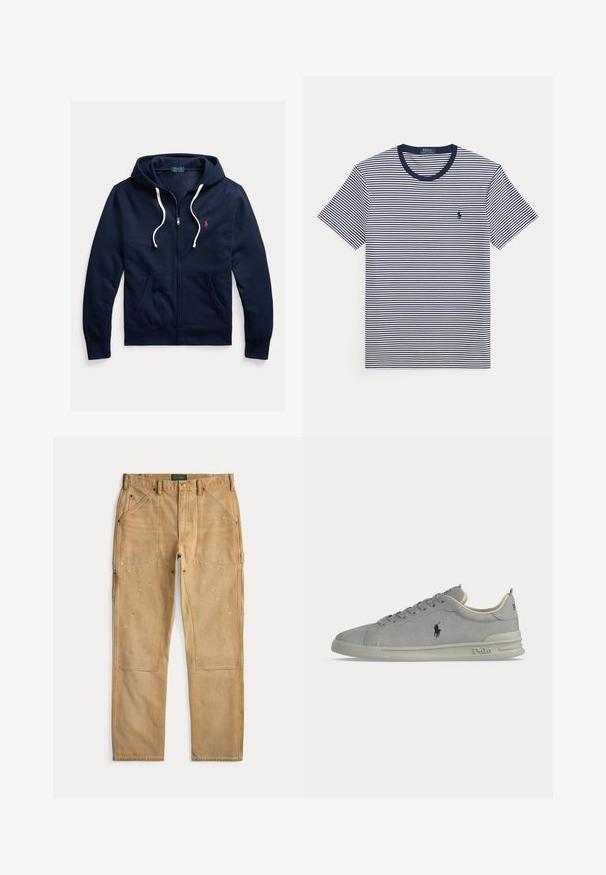 Marineblaue Kapuzenjacke mit Reißverschluss, weißen Kordeln, Fronttaschen und kleinem roten Polo Ralph Lauren-Logo auf der linken Brust.; Marineblau weiß gestreiftes kurzärmeliges T-Shirt mit Rundhalsausschnitt und kleinem gesticktem Logo auf der linken Brust.; Tan Zimmermannhose mit verstärkten Knien, mehreren Taschen, Gürtelschlaufen und Farbspritzern, auf einem weißen Hintergrund flach ausgelegt.; Grauer Wildleder-Sneaker mit niedrigem Schaft und Polo-Logo an der Seite, Schnürung vorne und gepolsterter Sohle mit Polo-Beschriftung an Ferse und Sohlrand.