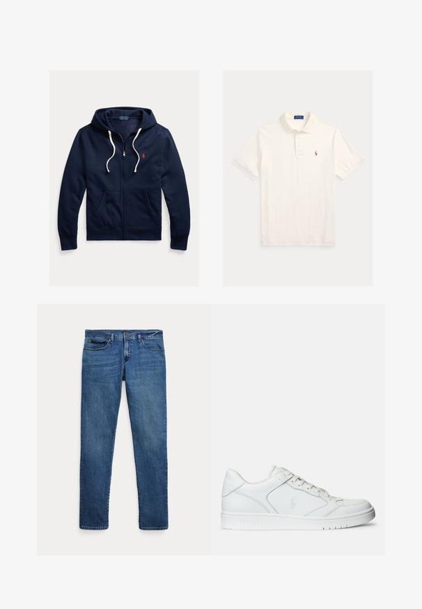 Sudadera con capucha azul marino con cremallera, cordones blancos, bolsillos delanteros y pequeño logo rojo de Polo Ralph Lauren en el pecho izquierdo.; Polo blanco de manga corta con cuello, tapeta de tres botones y pequeño logo bordado en el pecho izquierdo.; Jeans de mezclilla azul con un corte ajustado, que cuentan con bolsillos delanteros, trabillas para cinturón y un cierre de botón sobre un fondo blanco.; Zapatilla de cuero blanca con textura suave, que presenta una puntera perforada, cierre de cordones y logo bordado en el lateral. Suela de goma blanca.