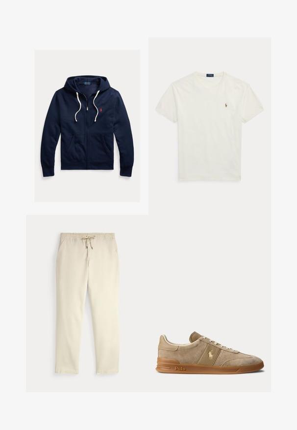 Tumesinine lukuga kapuutsiga dressipluus valgete paeladega, ees taskud ja vasakul rinnal väike punane Polo Ralph Lauren logo.; Valge lühikeste varrukatega puuvillane T-särk ümara kaelusega, vasakul rinnal väike Polo Ralph Laureni tikitud logo.; Kreemjatavad vabaaja püksid elastse vöökoha ja tõmbluku, sirgete jalgade ja küljetaskutega tavalise tausta ees.; Beež color veluurist ja nahast madala säärega toss kummikõrrega, valgete paelte ja Polo logoga küljel ning tallal.