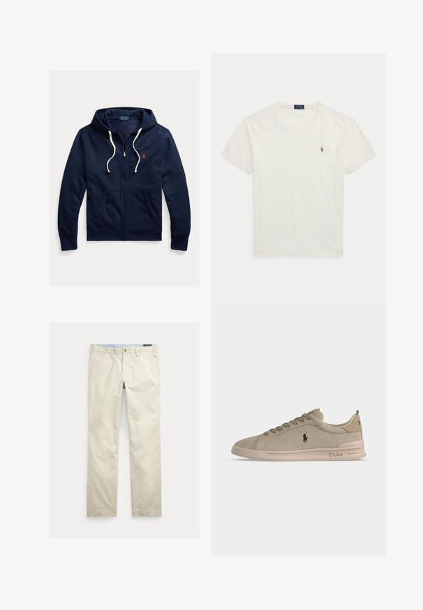 Tumesinine lukuga kapuutsiga dressipluus valgete paeladega, ees taskud ja vasakul rinnal väike punane Polo Ralph Lauren logo.; Valge lühikeste varrukatega puuvillane T-särk ümara kaelusega, vasakul rinnal väike Polo Ralph Laureni tikitud logo.; Beežid sirge säärega puuvillased püksid vööaasade, eesnupu, luku ja küljetaskutega.; Hele beežide seemisnahast madala säärega vabaaja jalanõu Polo logoga küljel ja kandadel, ees paeltega ning beeži kummist tallaga.