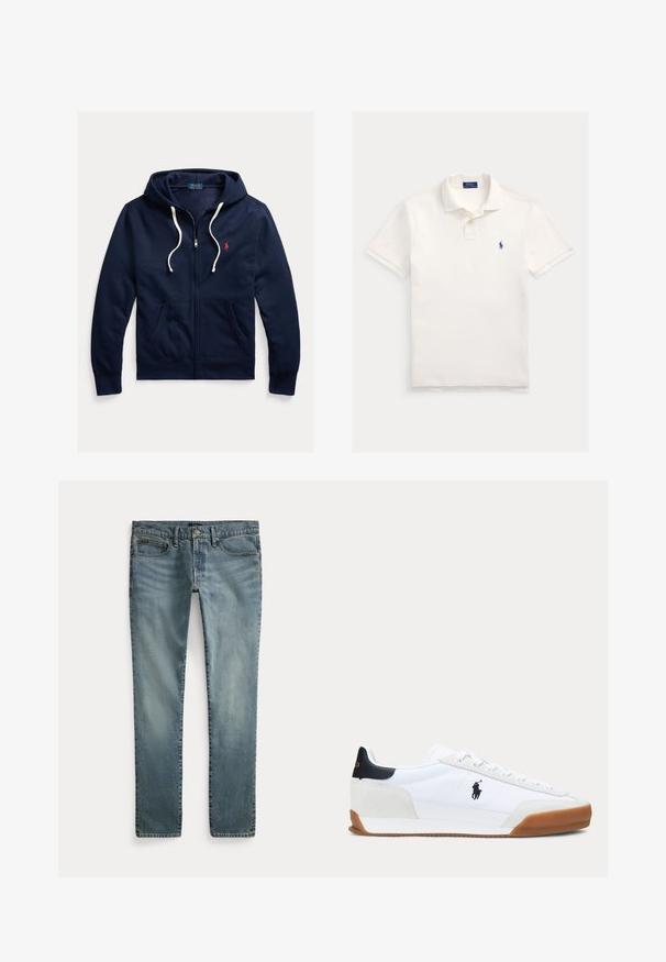 Marineblaue Kapuzenjacke mit Reißverschluss, weißen Kordeln, Fronttaschen und kleinem roten Polo Ralph Lauren-Logo auf der linken Brust.; Weißes Kurzarm-Poloshirt mit Kragen und zwei Knöpfen, mit kleinem dunkelblauem Ralph Lauren-Logo auf der linken Brust.; Blaue Jeans mit geradem Bein, vorderen Taschen, Gürtelschlaufen und Knopfverschluss.; Weißer Sneaker mit niedrigem Schaft, brauner Sohle, schwarzem Fersenpatch und schwarzem Polo-Spieler-Logo an der Seite.
