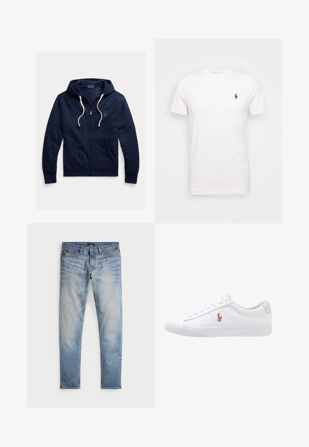 Tmavomodrá mikina s kapucňou na zips s bielymi šnúrkami, prednými vreckami a malým červeným logom Polo Ralph Lauren na ľavej strane hrudníka.; Biela bavlnená tričko s okrúhlym výstrihom. Na ľavej strane hrude je malé tmavomodré logo. Krátke rukávy, hladká textúra.; Svetlomodré denimové nohavice s bledým povrchom, dizajnom na päť vreciek a kontrastným prešívaním. Obsahujú zips a pútka na opasok. Rovný strih.; Biele plátenné tenisky s nízkym strihom, ktoré majú béžový opasok na päte a malé vyšívané logo na boku. Gumová podrážka.