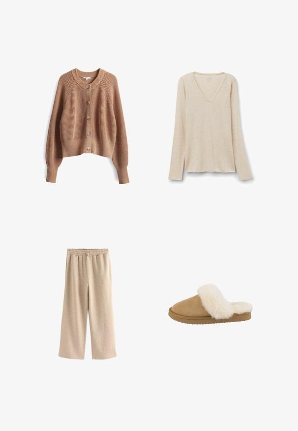 Khaki bruine gebreide cardigan met een ronde hals, knoopsluiting aan de voorkant en ribbelmanchetten. Heeft een textuurpatroon en een ontspannen pasvorm.; Langarm V-hals top in lichtbeige stof met een zachte textuur. Relaxte pasvorm met een rechte zoom en een minimalistisch ontwerp.; Crème-kleurige wijde broek gemaakt van een zachte katoenmix. Heeft een elastische tailleband met trekkoord en een subtiele gespikkelde textuur.; Tan suède slipper met een crèmekleurige nepbont kraag, ronde neus en een gestructureerde rubberen zool. Heeft een instapontwerp voor comfortabel aan- en uittrekken.