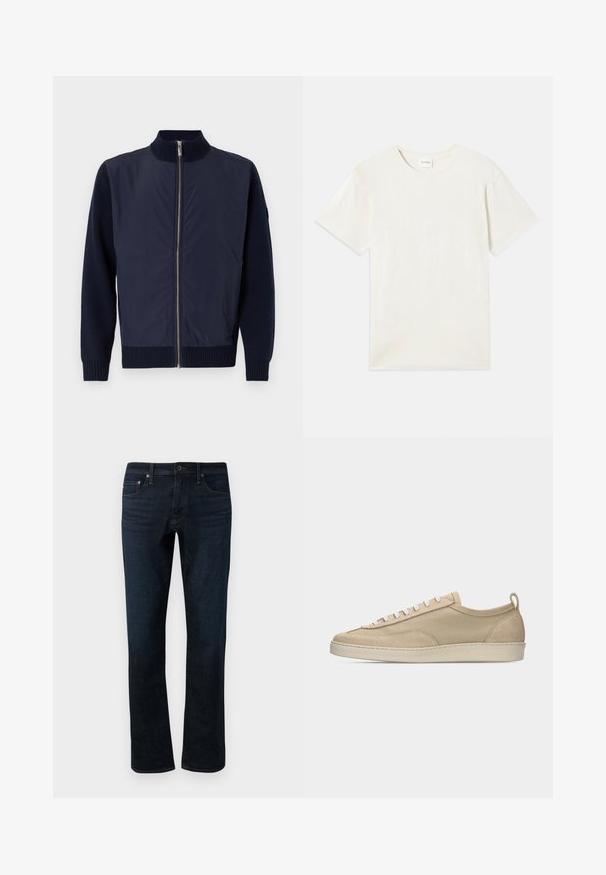 Marinejakke med krave, der står op, med en frontlynlås, strikmanchetter og kontrasterende uldsleeves for ekstra tekstur.; Korte ærmer, crew neck t-shirt i lys beige, blødt bomuldsstof med en afslappet pasform og uden synlige mønstre eller accenter.; Mørkeblå denimjeans med lige ben, der har et klassisk fem-lomme design og subtile syninger.; Beige lavtop sneakers med overdel i stof og ruskind, hvide snørebånd, gummisål og hælstrækkehank, vist i sideprofil på hvid baggrund.