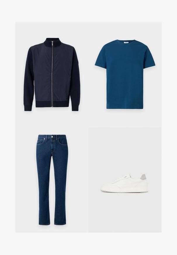 Marineblauwe jas met een staande kraag, voorzien van een rits aan de voorkant, gebreide manchetten en contrasterende wollen mouwen voor extra textuur.; Donkerblauw T-shirt met ronde hals, gemaakt van zacht katoen, met korte mouwen en een eenvoudige, gladde textuur met een rechte pasvorm.; Donkerblauwe denim jeans met een slim recht model, klassieke vijf-pocket stijl en een knoopsluiting bij de taille.; Witte lage sneaker met grijze hielpatch, witte veters en een gestructureerde zool, gepresenteerd op een effen lichte achtergrond.