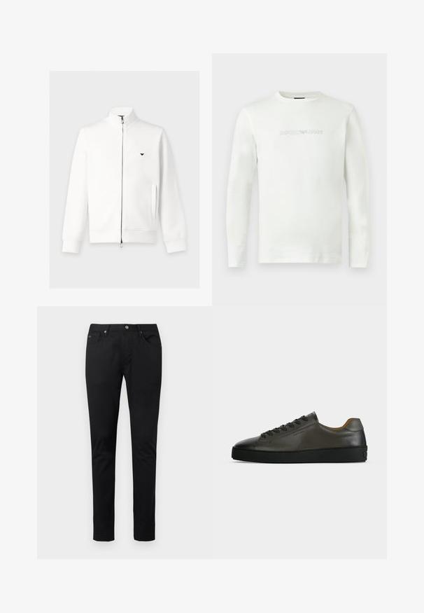 Veste blanche zippée à manches longues avec col montant, poches latérales, poignets côtelés et petit logo noir sur la poitrine gauche.; Chemise blanche à manches longues et col rond avec un logo "EMPORIO ARMANI" en relief subtil centré sur la poitrine.; Pantalon slim noir pour homme avec bouton frontal, fermeture éclair, passants pour ceinture et design à cinq poches sur un fond clair uni.; Basket basse en cuir gris foncé avec lacets et semelle noirs, design minimaliste, profil latéral sur un fond clair uni.