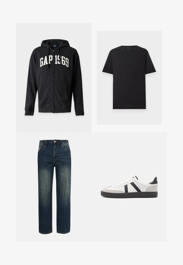 Sweat à capuche zippé noir avec capuche et poches avant, avec des lettres blanches "GAP 1969" sur la poitrine.; T-shirt noir à manches courtes et col rond avec un design uni, présenté à plat sur un fond gris clair.; Jean droit bleu foncé avec légère décoloration sur le devant des cuisses, cinq poches, et une fermeture à bouton à la taille.; Baskets blanches avec des accents noirs et gris, présentant un embout texturé gris, une semelle en caoutchouc noir et des lacets plats blancs. Design épuré, style minimaliste.
