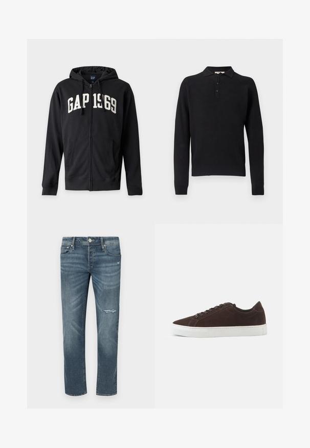 Sweat à capuche zippé noir avec capuche et poches avant, avec des lettres blanches "GAP 1969" sur la poitrine.; Pull polo noir à manches longues avec un tricot texturé, doté d'un col et d'une patte à trois boutons. Design simple et structuré.; Jean en denim bleu foncé à coupe droite, avec un détail usé au genou, cinq poches et surpiqûres contrastantes. Fermeture classique par bouton et braguette zippée.; Baskets basses en daim marron foncé avec des lacets assortis et une semelle blanche épaisse en caoutchouc, présentées de profil sur un fond uni.