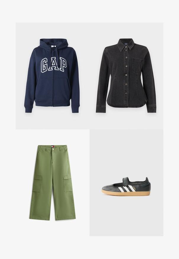 Mørkeblå lynlåshoodie lavet af blødt stof. Har en frontkangaroo-lomme og "GAP" logo i hvid skrift over brystet.; Sort denim-skjorte med knapper, lange ærmer, spids krave, enkelt brystlomme og synlige sømme for en tætsiddende pasform.; Løse cargobukser i olivengrøn med lommer med klap på benene, lynlås- og knaplukning samt lille Tommy Hilfiger-logo på linningen og lommeklap.; Sort læder- og ruskinds sneakers med en Velcro-rem, der har tre hvide striber og en gummisål, mærket "SAMBA" på siden.