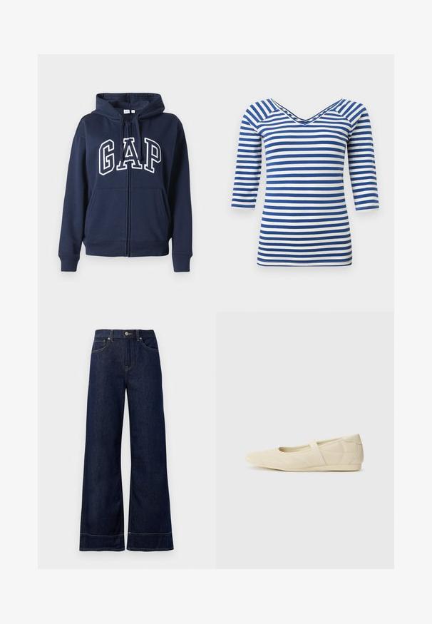 Marineblauwe zip-up hoodie, gemaakt van zachte stof. Bevat een voorste kangoeroezak en het "GAP"-logo in witte letters op de borst.; Blauw-wit gestreept shirt met lange mouwen, een V-hals en een getailleerde pasvorm.; Donkerblauwe wijde spijkerbroek van denim. Kenmerken zijn een knoopsluiting, stikdetails en zijzakken. Uiteinde met een flared onderrand.; Beige ballerina's met een gladde leren buitenkant, amandelvormige punt en elastische band over de wreef, met subtiele stiksels.