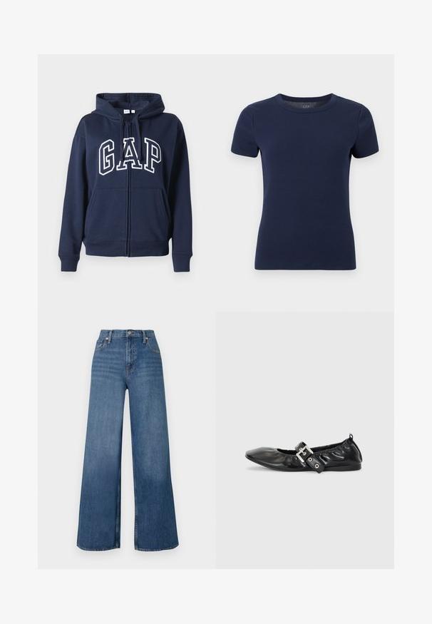 Marineblauwe zip-up hoodie, gemaakt van zachte stof. Bevat een voorste kangoeroezak en het "GAP"-logo in witte letters op de borst.; Marineblauw geribd gebreid T-shirt met korte mouwen, ronde hals en aansluitende pasvorm op een witte achtergrond.; Wijduitlopende blauwe jeans van denim, met een hoge taille, sluiting met knopen aan de voorkant en klassiek vijf-pocket ontwerp. Gladde textuur.; Zwarte leren platte schoen met een spitse neus, geplooide details rond de opening en een zilveren gespaccentueerde verstelbare band.