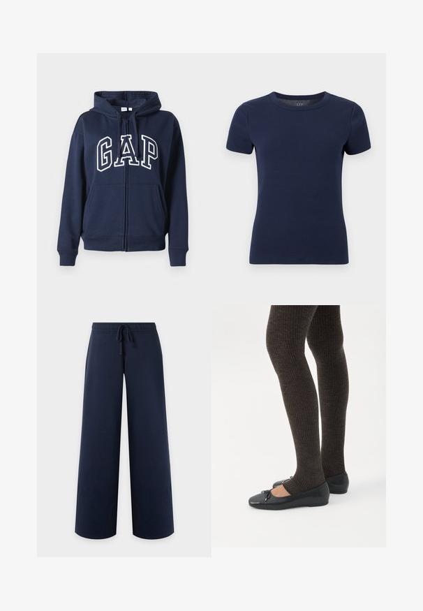 Hoodie zippé bleu marine, fabriqué en tissu doux. Dispose d'une poche kangourou à l'avant et du logo "GAP" en lettres blanches sur la poitrine.; T-shirt à manches courtes en maille côtelée bleu marine avec encolure ronde et silhouette ajustée sur fond blanc.; Pantalon bleu marine à jambe large, taille élastique et cordon, vu de face sur fond uni clair.; Jambes portant des leggings côtelés foncés associés à des ballerines noires avec de petits détails en nœud sur fond blanc.