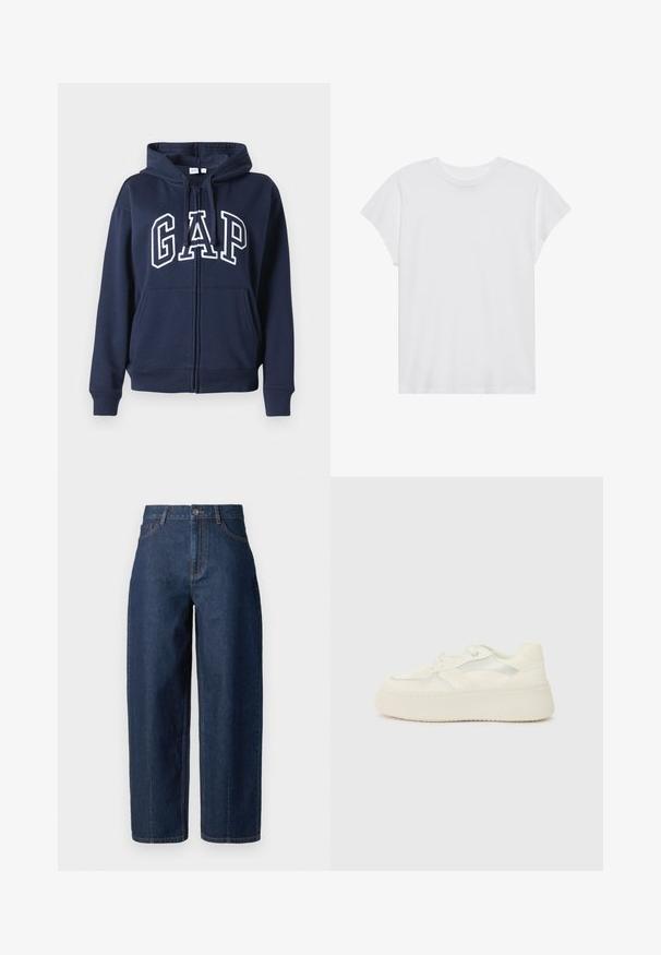 Marineblaues Zip-Hoodie aus weichem Material. Mit einer vorderen Kängurutasche und dem "GAP"-Logo in weißer Schrift über der Brust.; Weißes kurzärmliges T-Shirt mit Rundhalsausschnitt, lockerer Passform, aus weichem Baumwollstoff. Glatte Textur, keine Muster oder Logos.; Dunkelblaue, hochgeschnittene Straight-Leg-Jeans aus Denim mit Knopfverschluss, Gürtelschlaufen sowie Vorder- und Gesäßtaschen auf einem weißen Hintergrund.; Weiße Plateausneaker mit glattem Lederoberteil, genähten Akzenten und metallischen Streifen an der Seite. Abgerundete Zehenpartie und flache Gummisohle.