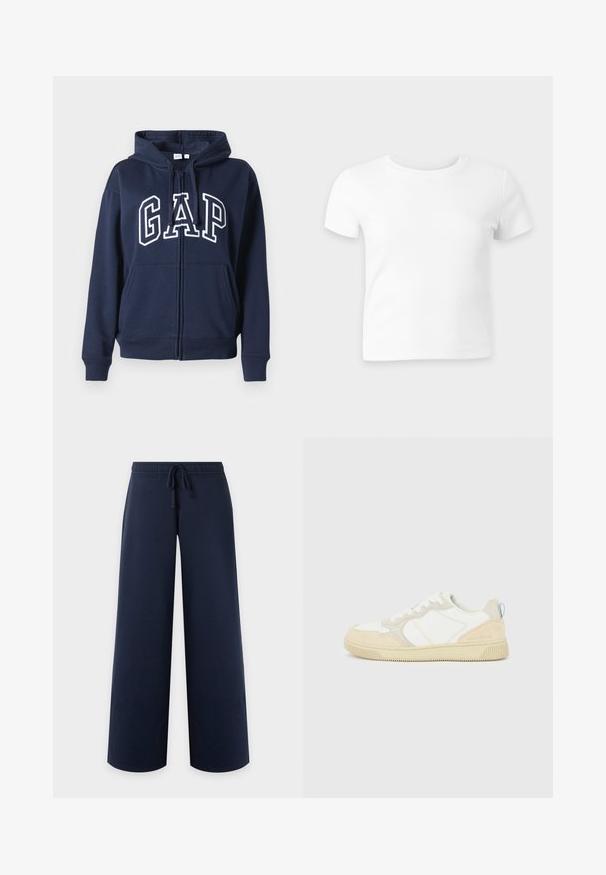 Mørkeblå lynlåshoodie lavet af blødt stof. Har en frontkangaroo-lomme og "GAP" logo i hvid skrift over brystet.; Simpel hvid kortærmet t-shirt med rund hals på en lysegrå baggrund, vist fladt med forsiden opad.; Marineblå bukser med brede ben, elastisk linning og snøre, vist fra forsiden på ensfarvet lyst baggrund.; Hvid og beige sneaker med en overdel i ruskind og tekstil, med kontrastsyninger, en gummisål og en lyseblå detalje på hælen.