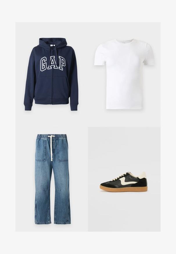 Marineblaues Zip-Hoodie aus weichem Material. Mit einer vorderen Kängurutasche und dem "GAP"-Logo in weißer Schrift über der Brust.; Schlichtes weißes Kurzarm-T-Shirt mit Rundhalsausschnitt vor einem hellgrauen Hintergrund.; Blaue Jeanshose mit elastischem Bund und weißem Kordelzug. Verfügt über zwei Fronttaschen und ein weites Bein-Design, mit einer glatten Textur.; Schwarze Wildleder- und Leder-Sneaker mit einem cremefarbenen Seiten-Swoosh und einer hellcremefarbenen Ferse. Ausgestattet mit beige Schnürsenkeln und einer Gummilaufsohle.