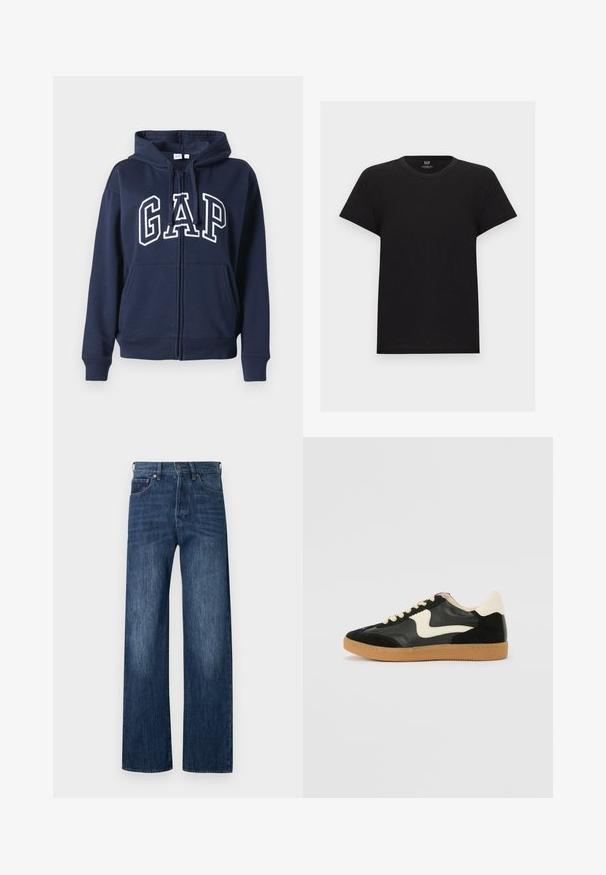 Mørkeblå lynlåshoodie lavet af blødt stof. Har en frontkangaroo-lomme og "GAP" logo i hvid skrift over brystet.; Sort kortærmet bomuld T-shirt med rund halsudskæring, forfra set, ensfarvet design, GAP-mærke inden i kraven.; Blå denim vidde-bukser med glat tekstur, fem-lomme design og knaplukning. Indeholder let falmede områder for ekstra detaljer.; Sorte ruskinds- og lædersneakers med en cremefarvet side-swoosh og lys cremefarvet hæl. Har beige snørebånd og en gummirubber-sål.