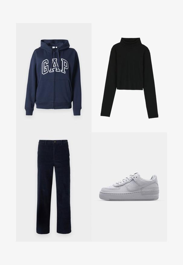Marineblauwe zip-up hoodie, gemaakt van zachte stof. Bevat een voorste kangoeroezak en het "GAP"-logo in witte letters op de borst.; Even&Odd by Zalando Longsleeve - black; Marineblauwe corduroybroek met rechte benen, voorzien van een knoopsluiting en een textuurrijke stof. Geen zichtbare patronen of accenten.; Grijze Nike Air Force 1 sneaker met geperforeerde neus, glad leren bovenwerk, dikke zool en verhoogde 'AIR' details op de hiel.
