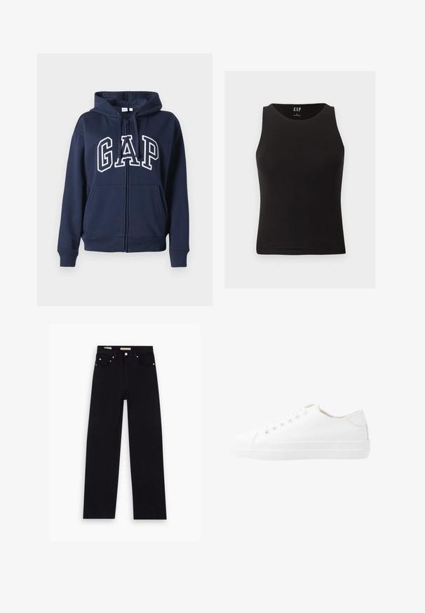 Mørkeblå lynlåshoodie lavet af blødt stof. Har en frontkangaroo-lomme og "GAP" logo i hvid skrift over brystet.; Sort ærmeløs tætsiddende tanktop med rund halsudskæring, størrelse small, vist mod en lys baggrund.; Sorte denim jeans med lige pasform, fem lommer, kobberdetaljer og en glat tekstur. To mærker synlige på taljebåndet.; Hvide kanvas sneakers med lavt design, rund tå, seks snørehuller og en struktureret gummisål. Glat materiale med minimale detaljer.