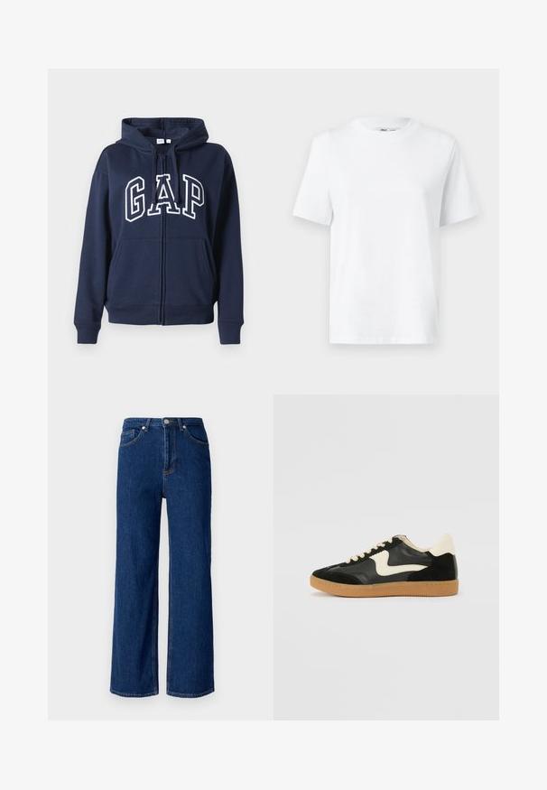 Marineblauwe zip-up hoodie, gemaakt van zachte stof. Bevat een voorste kangoeroezak en het "GAP"-logo in witte letters op de borst.; Witte katoenen T-shirt met ronde hals, korte mouwen en een gladde textuur. Ontworpen met een comfortabele en veelzijdige relaxte pasvorm.; Lange denim jeans met wijde pijpen in donkerblauw, met een klassieke vijf-pocket ontwerp, subtiele stiksels en een metalen knoopsluiting bij de tailleband.; Zwarte suède en leren sneaker met een crèmekleurige zij-swoosh en lichte crèmekleurige hiel. Voorzien van beige veters en een gumrubberen zool.