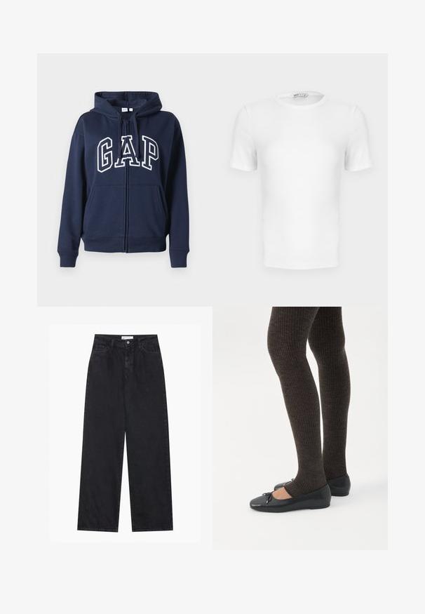 Mørkeblå lynlåshoodie lavet af blødt stof. Har en frontkangaroo-lomme og "GAP" logo i hvid skrift over brystet.; Hvid ribstrikket T-shirt med korte ærmer, rund hals og tætsiddende pasform samt en lille mærkeetiket inde i kraven.; Sorte højtaljede bredbenede denimjeans med frontknap og lynlås, bæltestropper og fem-lomme stil.; Ben iført mørke ribbede leggings kombineret med sorte balletsko med små sløjfedetaljer på hvid baggrund.