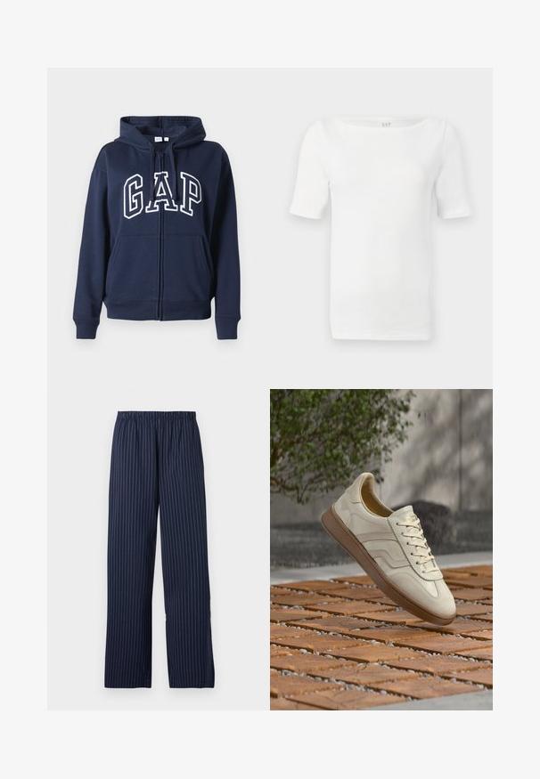 Mørkeblå lynlåshoodie lavet af blødt stof. Har en frontkangaroo-lomme og "GAP" logo i hvid skrift over brystet.; Hvid strikbluse med korte ærmer, bådformet halsudskæring, tætsiddende silhuet og blødt stof fra GAP-mærket.; Marineblå vide bukser med sømstriber, der har en elastisk talje og en glat tekstur.; Sneakers i cremefarve med en struktureret beige gummisål, snøredesign og diskret brand på siden. Overdel i glat læder.