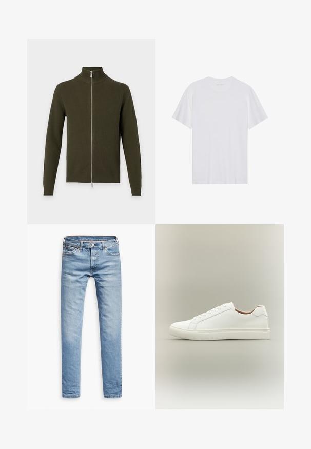 Sudadera verde oliva con cremallera y cuello alto, texturizada con relieve y de mangas largas. Presenta una cremallera plateada y puños y dobladillo ajustados.; Camiseta de algodón blanca con mangas cortas, cuello redondo y una textura suave. Presenta una marca mínima en el escote.; Jeans de denim color azul claro, corte recto, con diseño de cinco bolsillos, cierre de cremallera y botón. Textura suave con detalles de desvanecimiento sutil.; Zapatilla blanca de corte bajo con cierre de cordones y suela plana, mostrada de perfil sobre un fondo neutro.