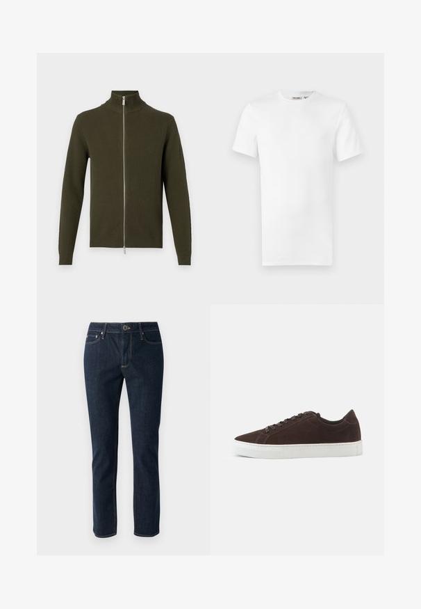 Oliven grøn zip-up sweater med høj krave, ribbet tekstur og lange ærmer. Har en sølv lynlås samt tætsiddende manchetter og bund.; Hvid, kortærmet T-shirt med rund hals og et lille brandlabel inde i kraven, vist på en hvid baggrund.; Mørkeblå denim jeans med lige ben-design, der har knaplukning, fem lommer og kontrastsyninger. Glat tekstur.; Mørkebrune ruskind lave sneakers med matchende snørebånd og tyk hvid gummisål, vist fra siden på en ensfarvet baggrund.