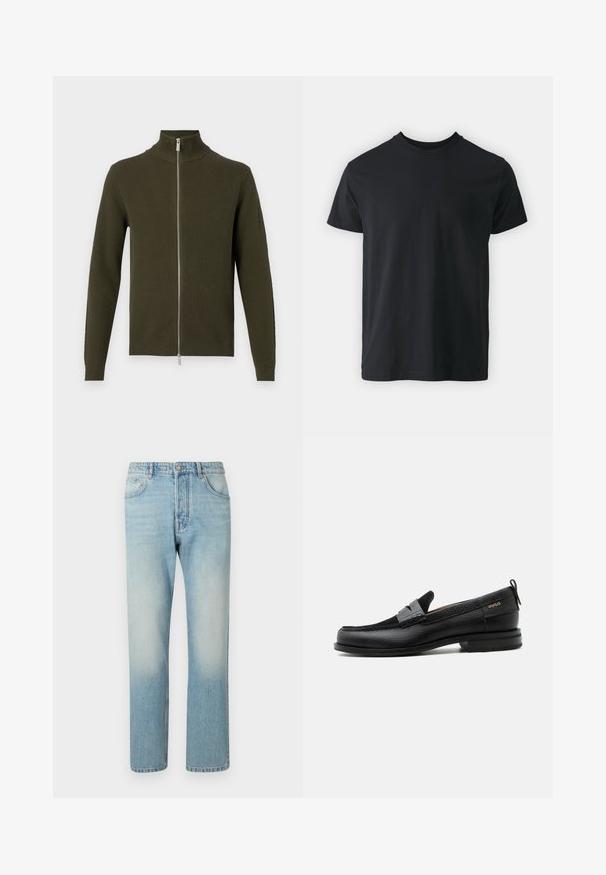 Oliven grøn zip-up sweater med høj krave, ribbet tekstur og lange ærmer. Har en sølv lynlås samt tætsiddende manchetter og bund.; Sort bomulds t-shirt med kortærmer, rund halsudskæring og en afslappet pasform. Glat tekstur og lige kant, ingen synlige grafikker eller mønstre.; Lyseblå jeans lavet af denim, med et lige ben-design, fem lomme-struktur og falmet vaskeffekt ved lårene.; Sort læderloafer med grå remdetalje, lav hæl og tekstureret sål, mærket med "HUGO" i guld på siden.